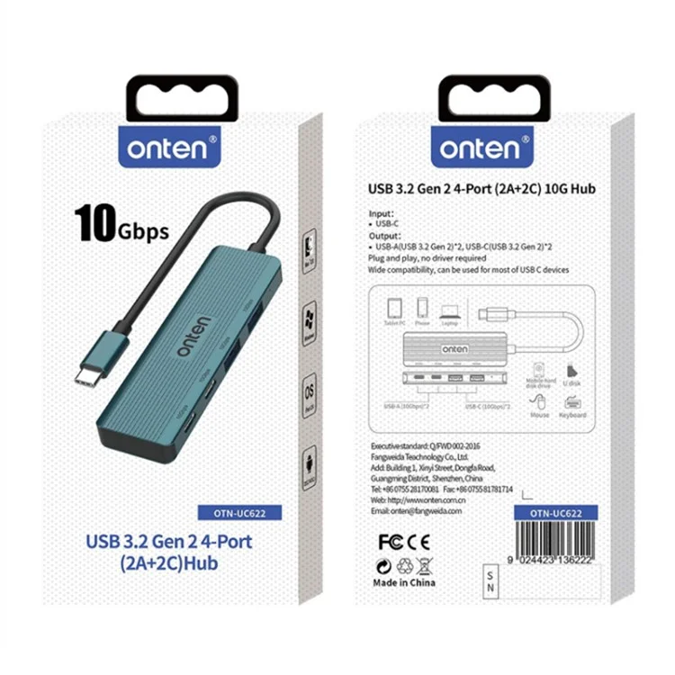 ONTEN UC622 Кабель 15см Type-C к 2USB + 2Type-C портам 10Гбит/с USB-концентратор Разветвитель Адаптер для ноутбуков и телефонов - Зеленый