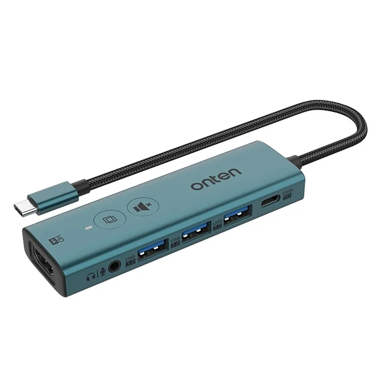 ONTEN UC123+ 15cm Cable Type-C a HD+3xUSB3.0+USB-C+3.5mm Puertos USB Hub Adaptador con Botones - Verde