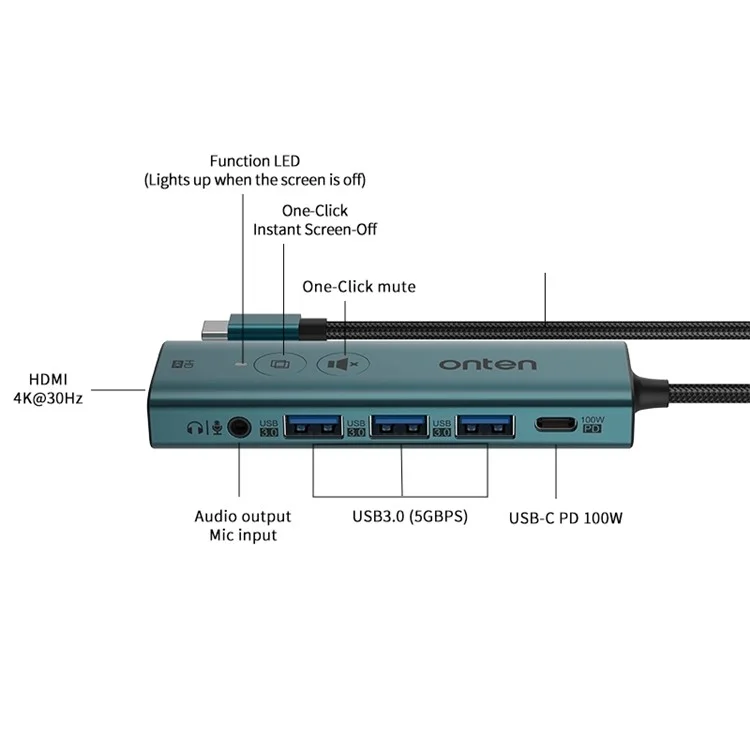 ONTEN UC123+ 15cm Cable Type-C a HD+3xUSB3.0+USB-C+3.5mm Puertos USB Hub Adaptador con Botones - Verde
