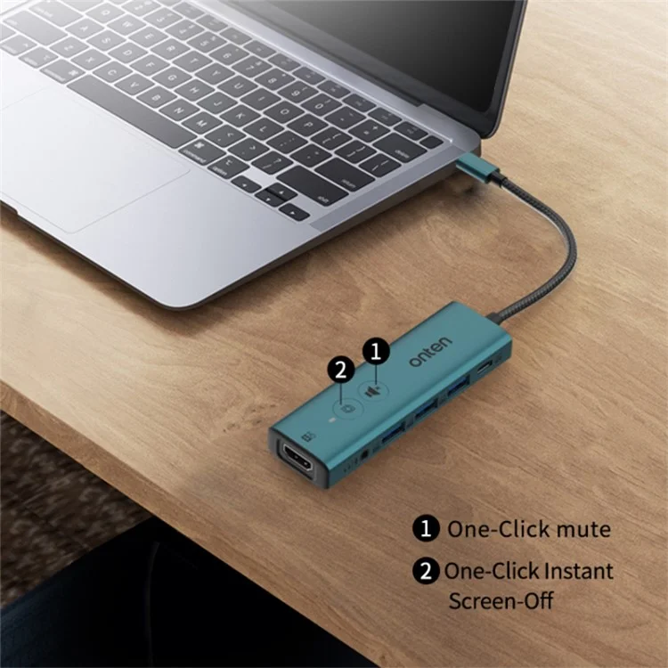 ONTEN UC123+ 15cm Cable Type-C a HD+3xUSB3.0+USB-C+3.5mm Puertos USB Hub Adaptador con Botones - Verde