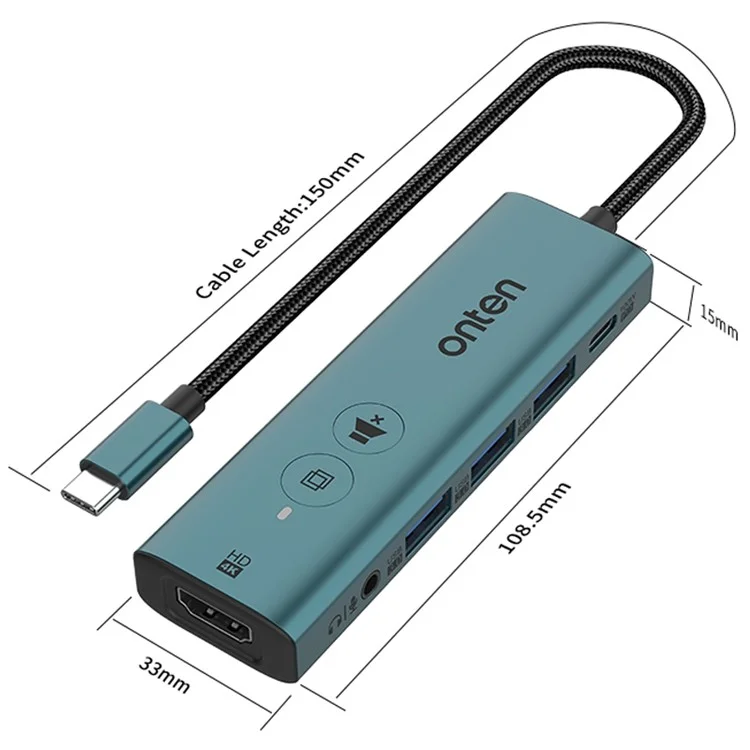 ONTEN UC123+ 15cm Cable Type-C a HD+3xUSB3.0+USB-C+3.5mm Puertos USB Hub Adaptador con Botones - Verde
