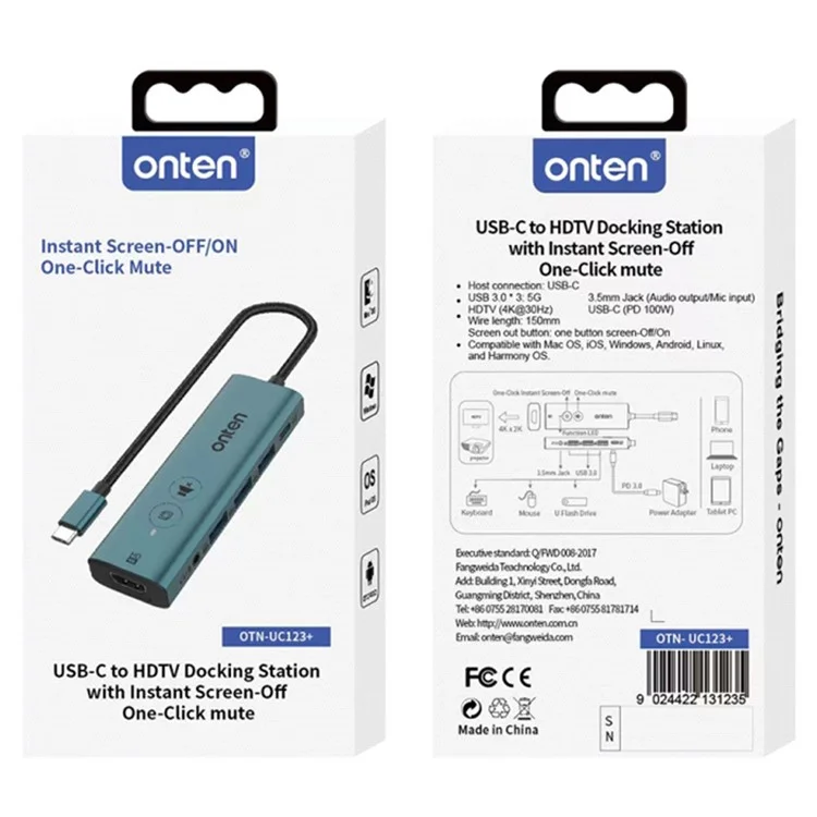 ONTEN UC123+ 15cm Cable Type-C a HD+3xUSB3.0+USB-C+3.5mm Puertos USB Hub Adaptador con Botones - Verde