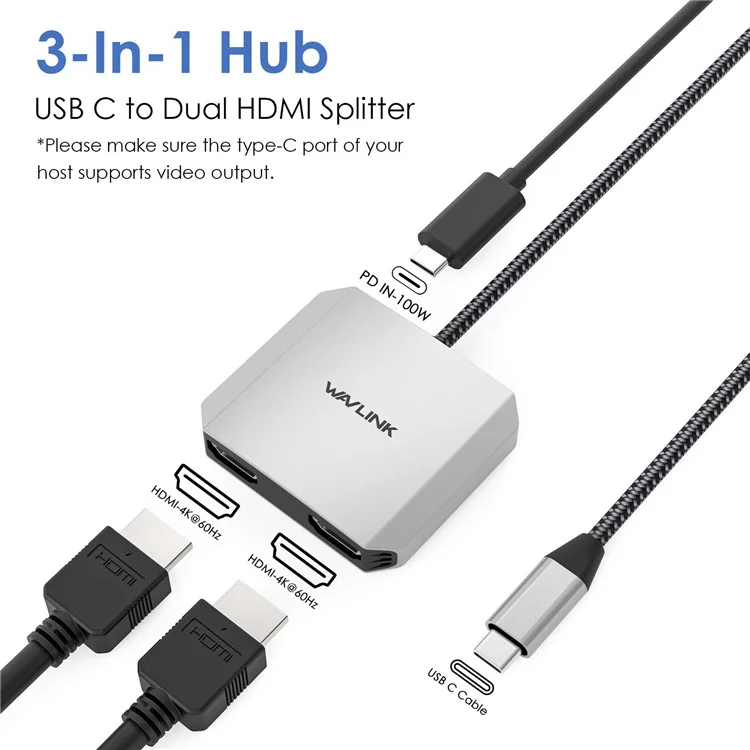 WAVLINK UHP510 Pro Adaptador de Doble HD USB-C a USB-C Soporte 4K 60Hz, Adaptador de Monitor Dual, Carga PD de 87W