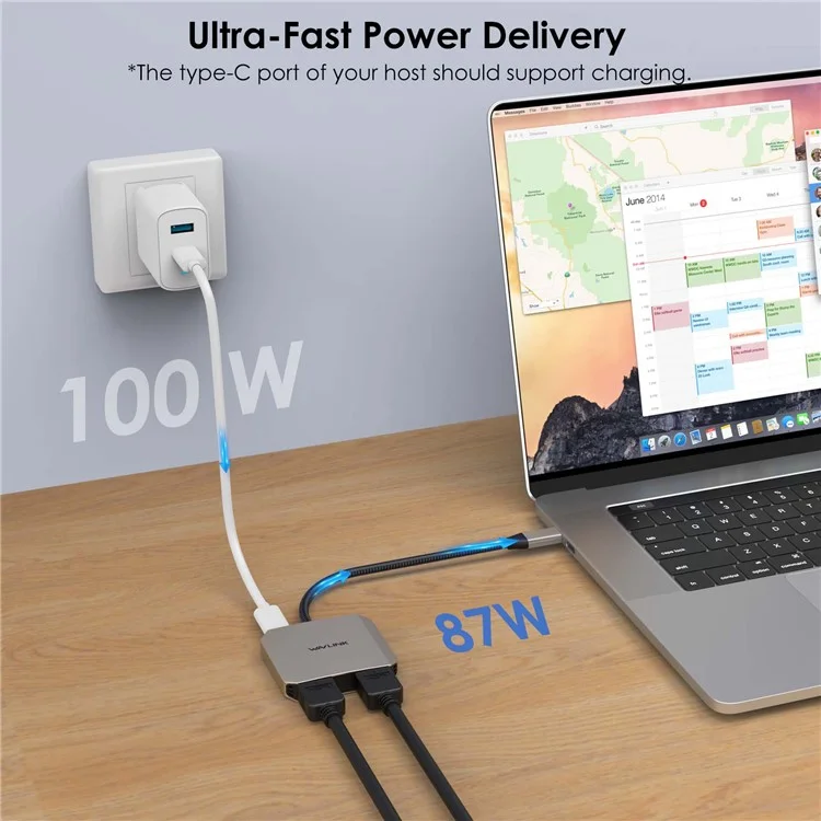 WAVLINK UHP510 Pro Adaptador de Doble HD USB-C a USB-C Soporte 4K 60Hz, Adaptador de Monitor Dual, Carga PD de 87W
