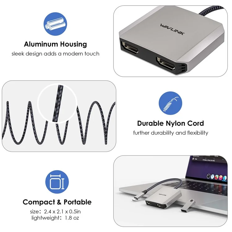 WAVLINK UHP510 Pro Adaptador de Doble HD USB-C a USB-C Soporte 4K 60Hz, Adaptador de Monitor Dual, Carga PD de 87W