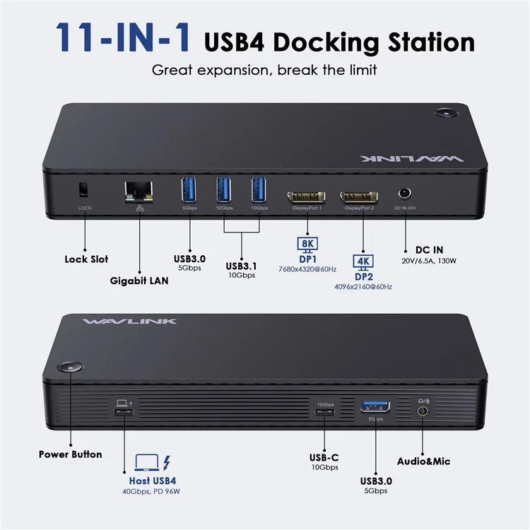 WAVLINK UTD22 USB4 Docking Station Dual Monitor USB-C Hub Support 96W Laptop Charging - US Plug