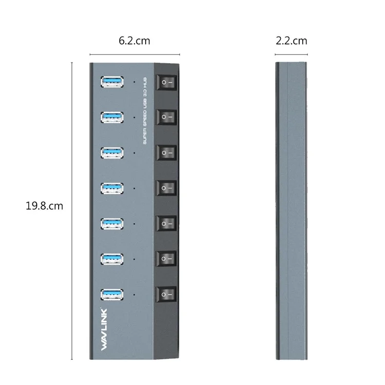 WAVLINK UH3076 Hub USB 3.0 à 7 ports à 5 Gbps avec commutateur indépendant et indicateur LED - Prise US