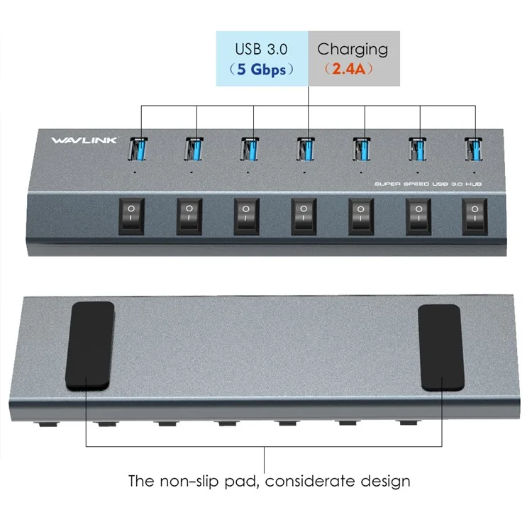WAVLINK UH3076 Hub USB 3.0 à 7 ports à 5 Gbps avec commutateur indépendant et indicateur LED - Prise US