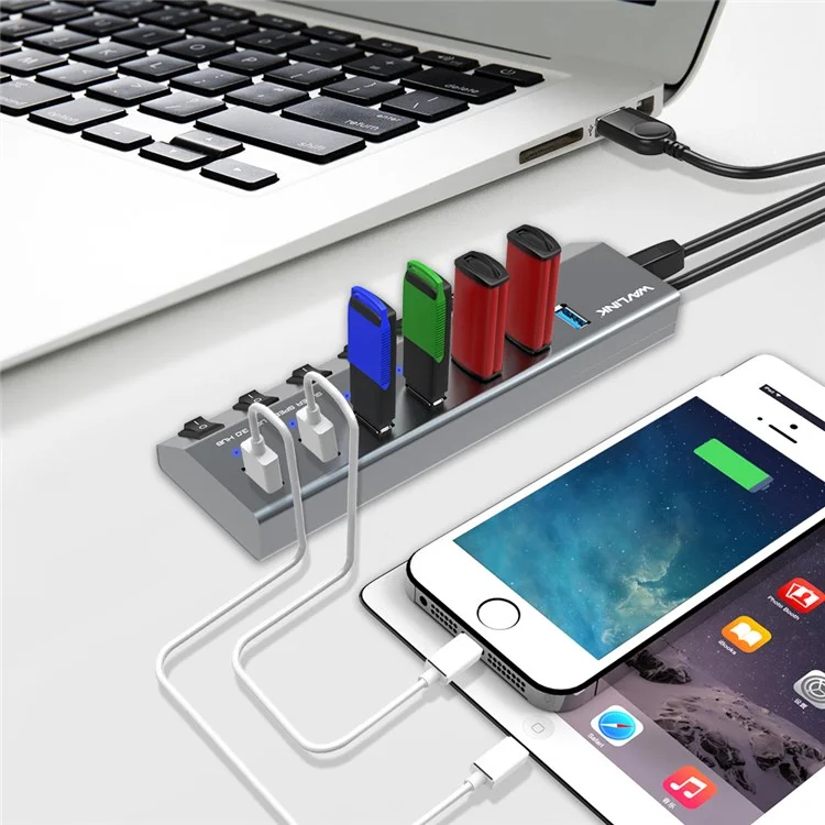 WAVLINK UH3076 Hub USB 3.0 à 7 ports à 5 Gbps avec commutateur indépendant et indicateur LED - Prise US