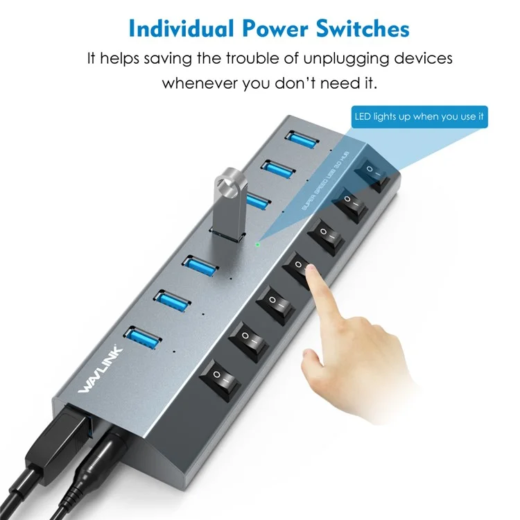 WAVLINK UH3076 Hub USB 3.0 à 7 ports à 5 Gbps avec commutateur indépendant et indicateur LED - Prise US