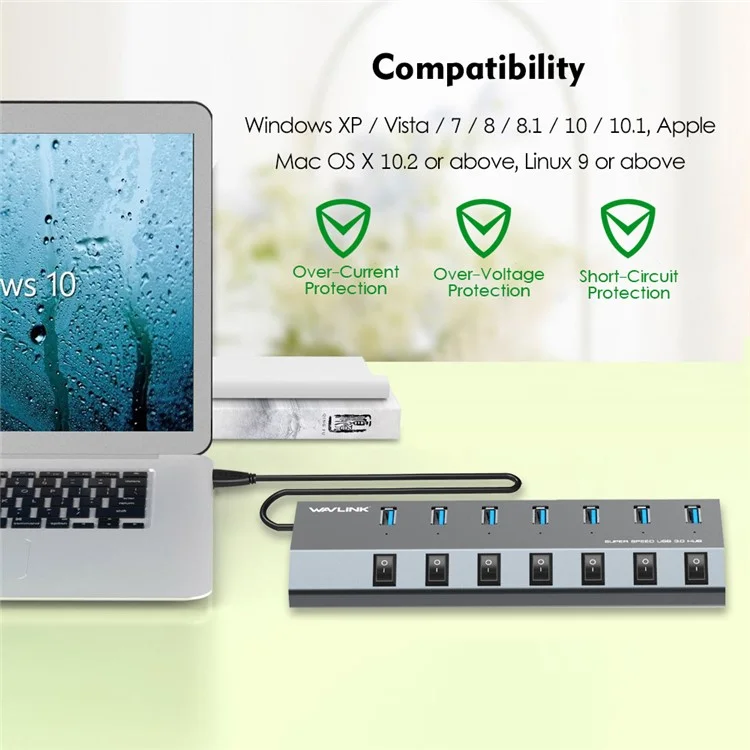 WAVLINK UH3076 Hub USB 3.0 à 7 ports à 5 Gbps avec commutateur indépendant et indicateur LED - Prise US