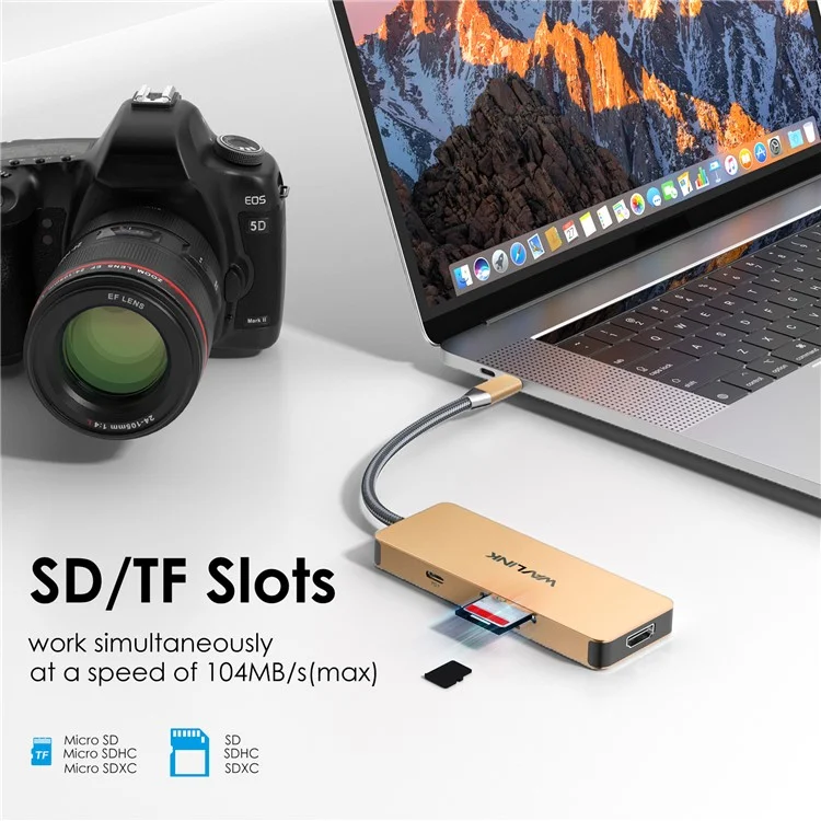 WAVLINK UHP3416 7-in-1 USB-C to 4K HD 100W PD Charging SD / TF Card Reader Docking Station - Rose Gold