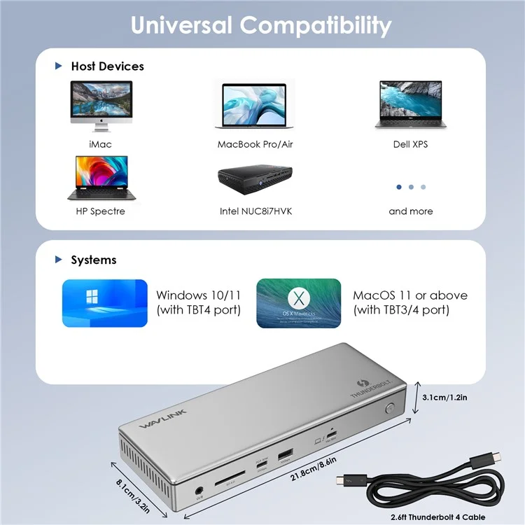 WAVLINK UTD43 PRO 12-in-1 Thunderbolt 4 Docking Station Support Single 8K / Dual 4K Display 40Gbps Transmission - US Plug