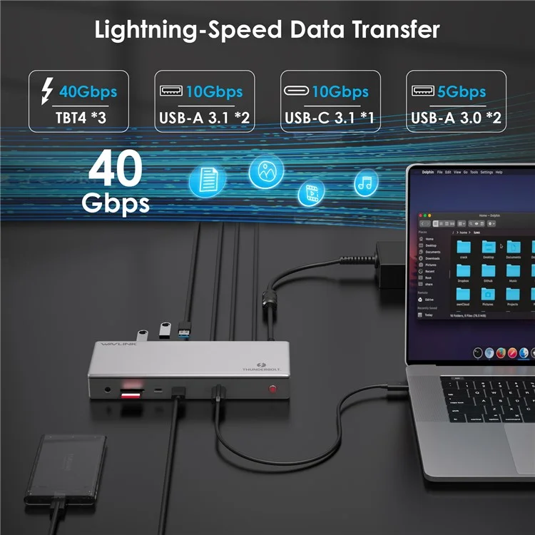 WAVLINK UTD43 PRO 12-in-1 Thunderbolt 4 Docking Station Support Single 8K / Dual 4K Display 40Gbps Transmission - US Plug