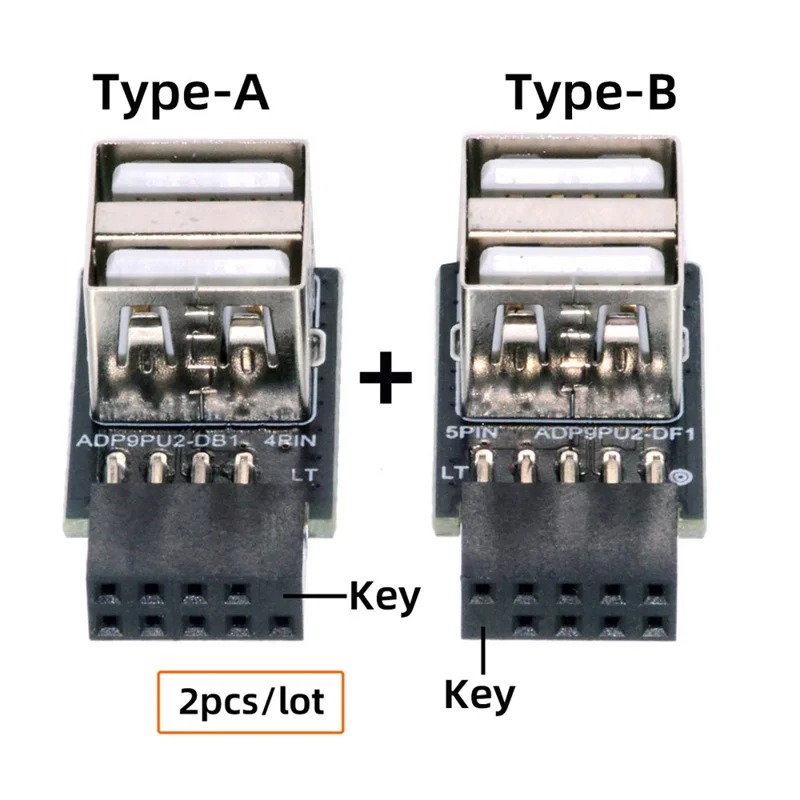 U2-029-AF002 2pcs / Установите 9pin 10pin Motherboge Wame The Wembere to Dual USB 2.0 Женский Адаптер Горизонтальный Тип