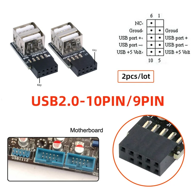 U2-029-AF002 2pcs / Установите 9pin 10pin Motherboge Wame The Wembere to Dual USB 2.0 Женский Адаптер Горизонтальный Тип