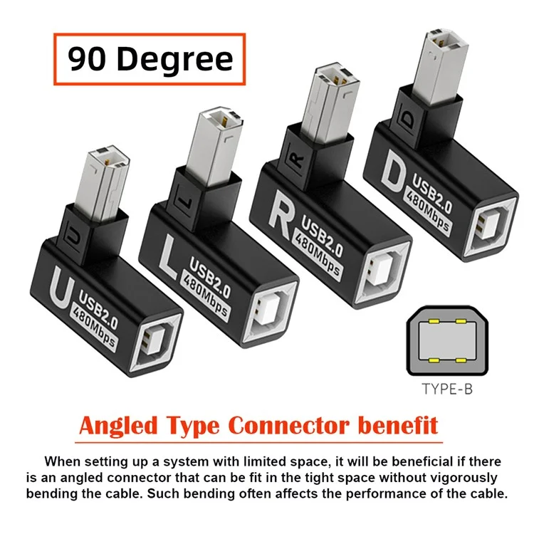 U2-038-BM002 4Pcs / Set USB 2.0 Type-B Male to Female Extension Adapter Horizontal Vertical Angled 90 Degree for Printer Scanner