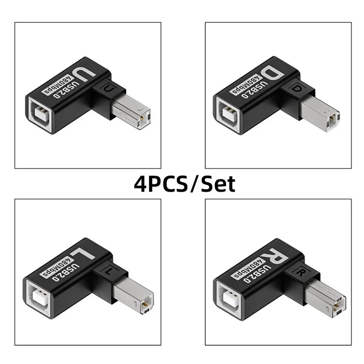 U2-038-BM002 4Pcs / Set USB 2.0 Type-B Male to Female Extension Adapter Horizontal Vertical Angled 90 Degree for Printer Scanner