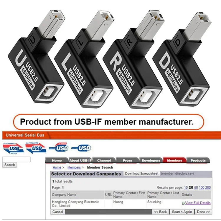 U2-038-BM002 4Pcs / Set USB 2.0 Type-B Male to Female Extension Adapter Horizontal Vertical Angled 90 Degree for Printer Scanner