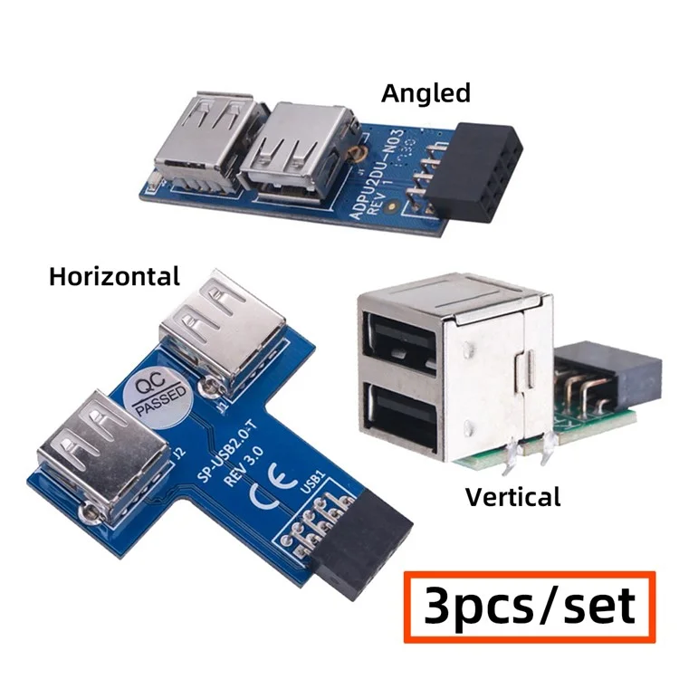 U2-075-9P 3Pcs / Set 9Pin USB2.0 Motherboard Front Panel Header Female to Dual USB Female Adapter Vertical / Horizontal Type