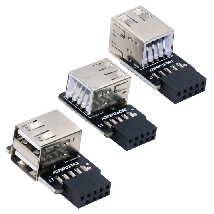 U2-075-2P 3Pcs / Set 9Pin / 10Pin Motherboard Front Panel Header Female to Dual USB 2.0 Female Adapter, Straight+Left+Right Angle