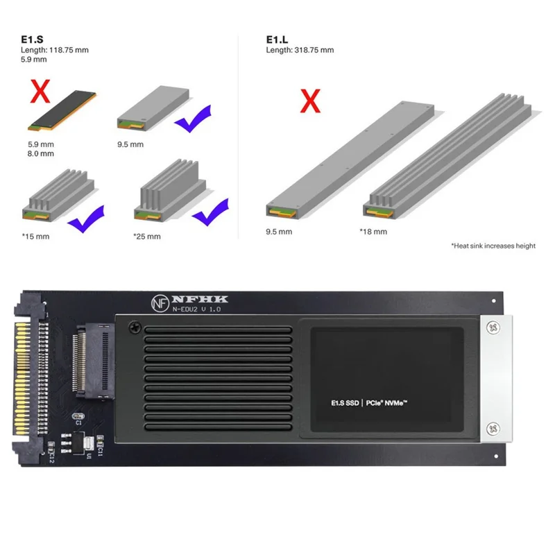 SF-072-PM U.2 SFF-8639 to PCI-E Ruler 1U GEN-Z EDSFF 9.5 / 15 / 25mm SSD E1.S Adapter with Heat Sink