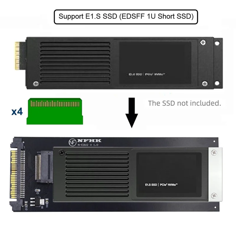 SF-072-PM U.2 SFF-8639 to PCI-E Ruler 1U GEN-Z EDSFF 9.5 / 15 / 25mm SSD E1.S Adapter with Heat Sink