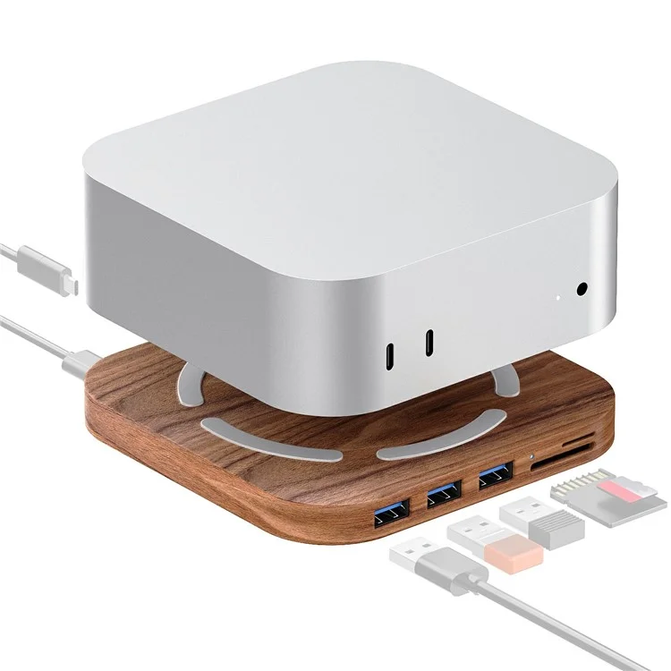 Расширительная док-станция AJM4-H для Mac Mini M4 / M4 Pro с деревянной подставкой, USB 3.0-хабом и считывателем карт памяти TF/SD