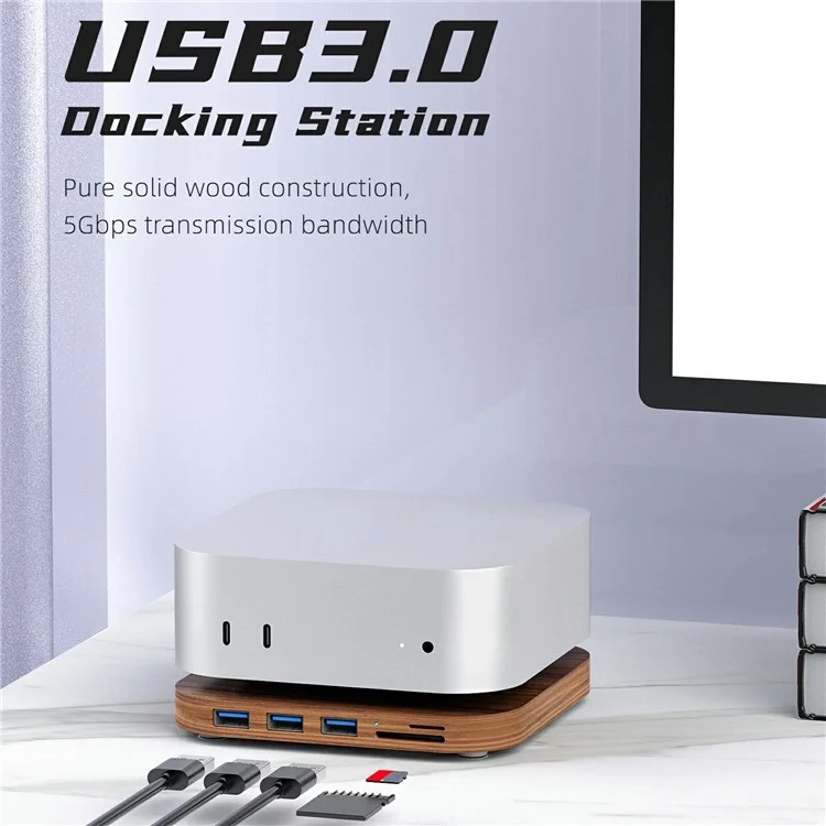 Расширительная док-станция AJM4-H для Mac Mini M4 / M4 Pro с деревянной подставкой, USB 3.0-хабом и считывателем карт памяти TF/SD