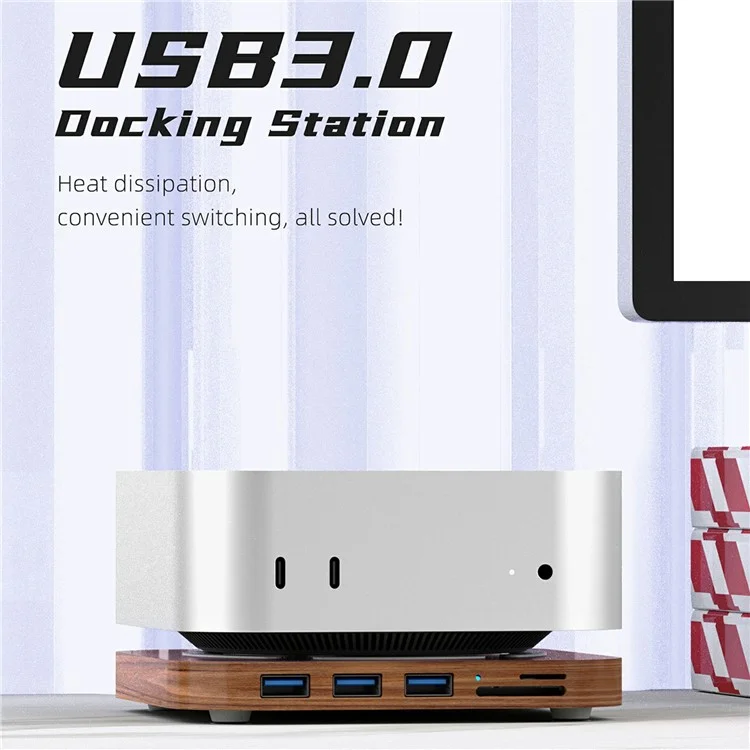 Расширительная док-станция AJM4-H для Mac Mini M4 / M4 Pro с деревянной подставкой, USB 3.0-хабом и считывателем карт памяти TF/SD