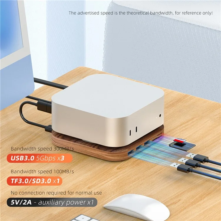 Расширительная док-станция AJM4-H для Mac Mini M4 / M4 Pro с деревянной подставкой, USB 3.0-хабом и считывателем карт памяти TF/SD