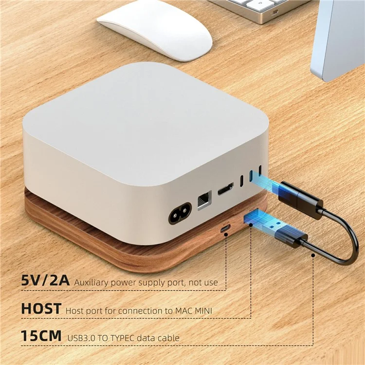 Расширительная док-станция AJM4-H для Mac Mini M4 / M4 Pro с деревянной подставкой, USB 3.0-хабом и считывателем карт памяти TF/SD