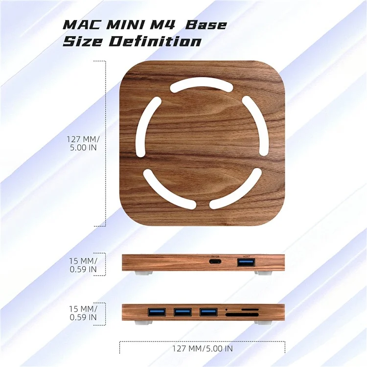 Расширительная док-станция AJM4-H для Mac Mini M4 / M4 Pro с деревянной подставкой, USB 3.0-хабом и считывателем карт памяти TF/SD