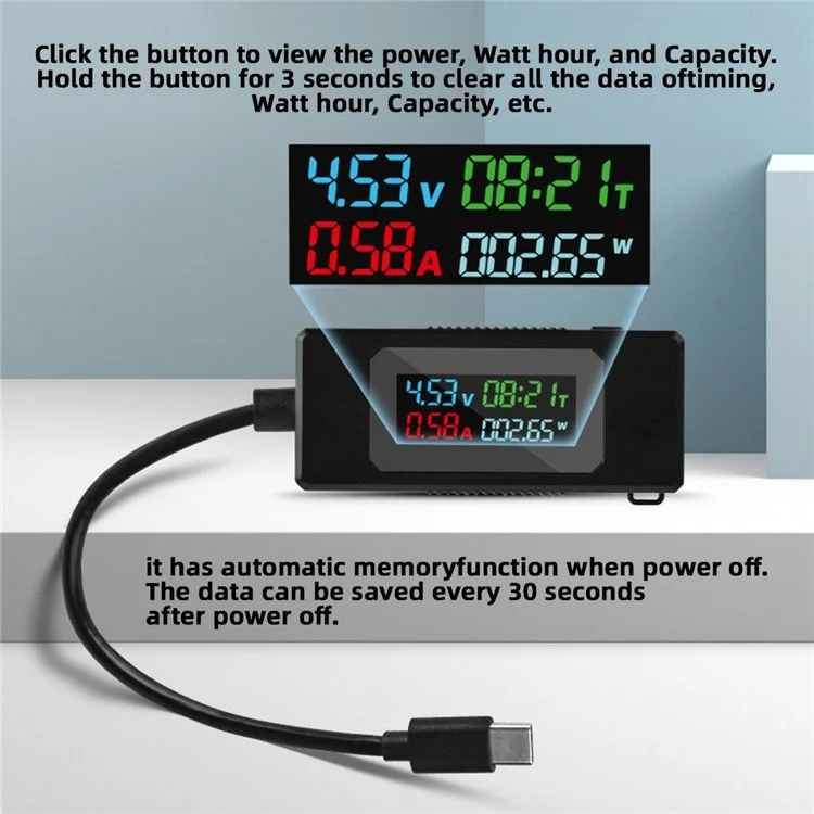UC-174 Type C Voltage Current Power Capacity Working Time Ammeter Voltmeter USB C Digital Multimeter