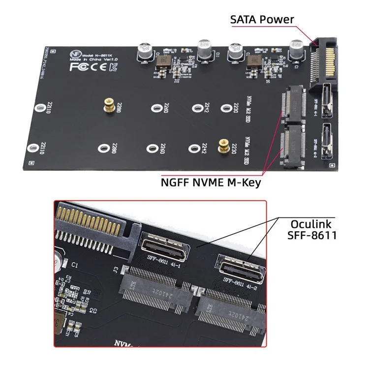 SF-046-2P Dual Oculink SFF-8612 4X to Dual NVME 110mm Adapter Card for Mainboard / Pcie SSD Connection