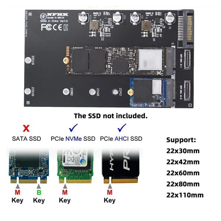 SF-046-2P Dual Oculink SFF-8612 4X to Dual NVME 110mm Adapter Card for Mainboard / Pcie SSD Connection