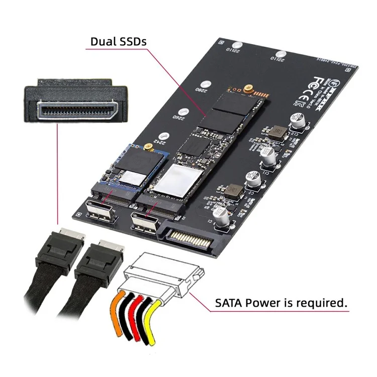 SF-046-2P Dual Oculink SFF-8612 4X to Dual NVME 110mm Adapter Card for Mainboard / Pcie SSD Connection