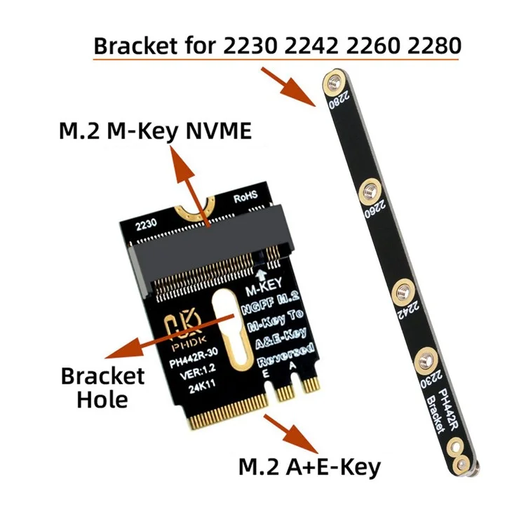 EP-043-BK NGFF A+E-Key Male to NVME M-Key Female Extension Adapter for Laptop Mainboard SSD