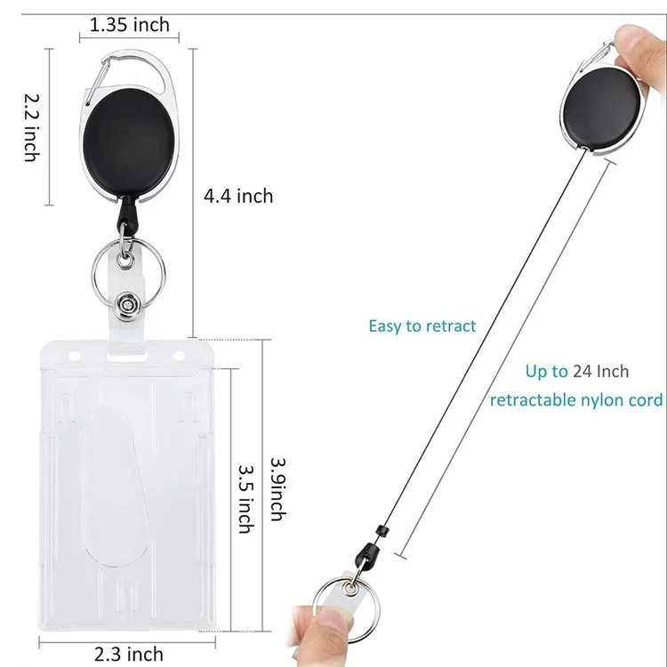 Clear Card Holder Dual Use PS Double ID Badge Holder with Telescopic Buckle Clip - Vertical