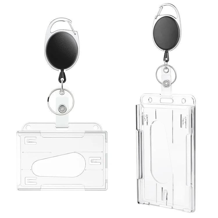 Clear Card Holder Dual Use PS Double ID Badge Holder with Telescopic Buckle Clip - Vertical