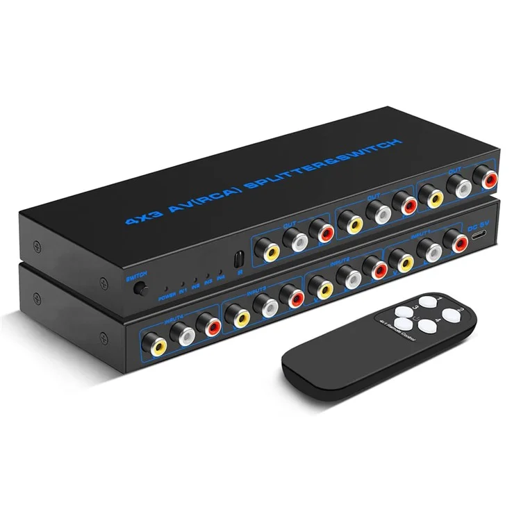 RCA AV Umschalter Verteilerbox 4 Eingänge 3 Ausgänge AV Audio Video Signal Composite Umschalter mit Fernbedienung - US Stecker