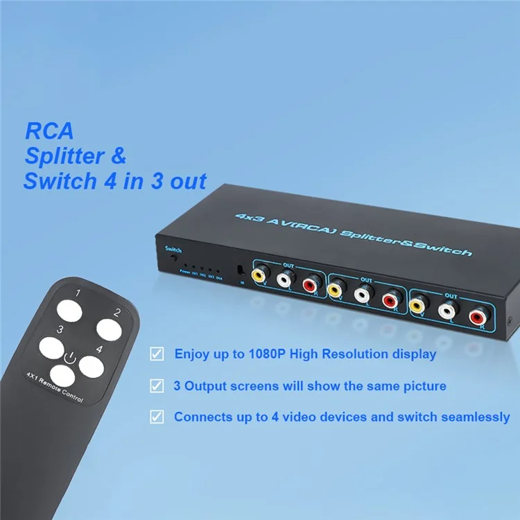 RCA AV Umschalter Verteilerbox 4 Eingänge 3 Ausgänge AV Audio Video Signal Composite Umschalter mit Fernbedienung - US Stecker