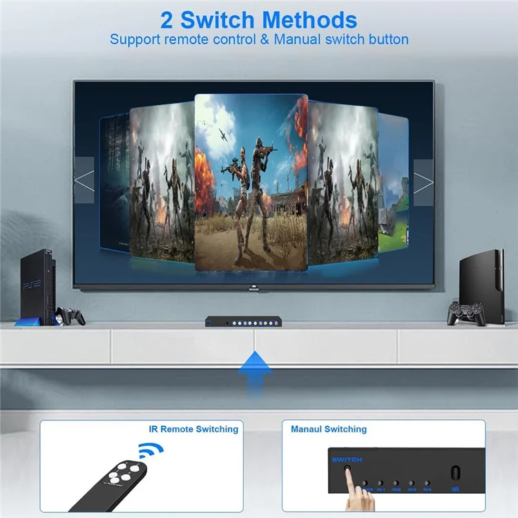 RCA AV Switch Splitter Box 4 In 3 Out AV Audio Video Signal Composite Switcher with Remote Control - EU Plug