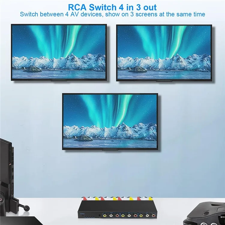 RCA AV Switch Splitter Box 4 In 3 Out AV Audio Video Signal Composite Switcher with Remote Control - EU Plug