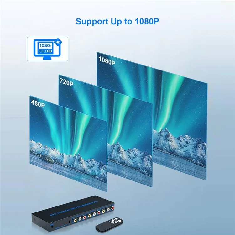 RCA AV Switch Splitter Box 4 In 3 Out AV Audio Video Signal Composite Switcher with Remote Control - EU Plug