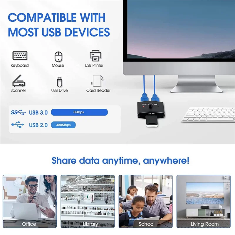 USB 3.0 Bidirectional Switch 1 Input 2 Output Hub Keyboard Mouse USB Drive Printer Sharing Splitter