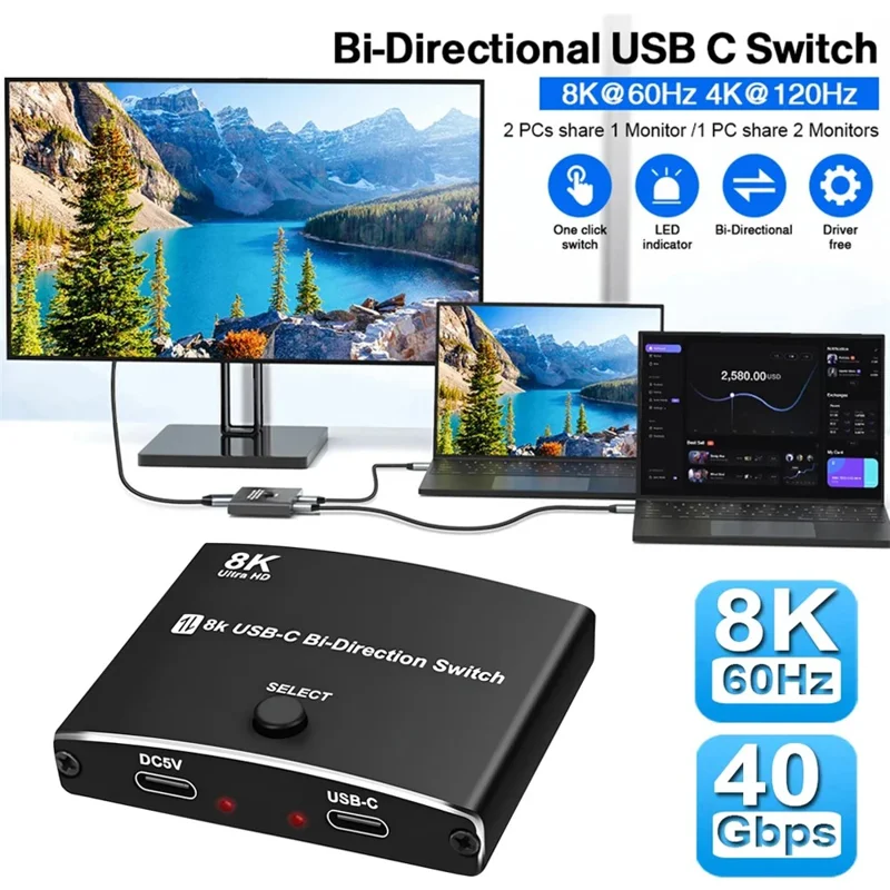 TYPE C Bidirectional Switcher USB C 2 In 1 Out Converter 40Gbps 8K Video Output Support 100W Fast Charging