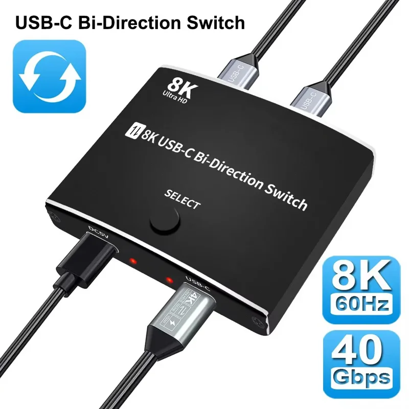 TYPE C Bidirectional Switcher USB C 2 In 1 Out Converter 40Gbps 8K Video Output Support 100W Fast Charging