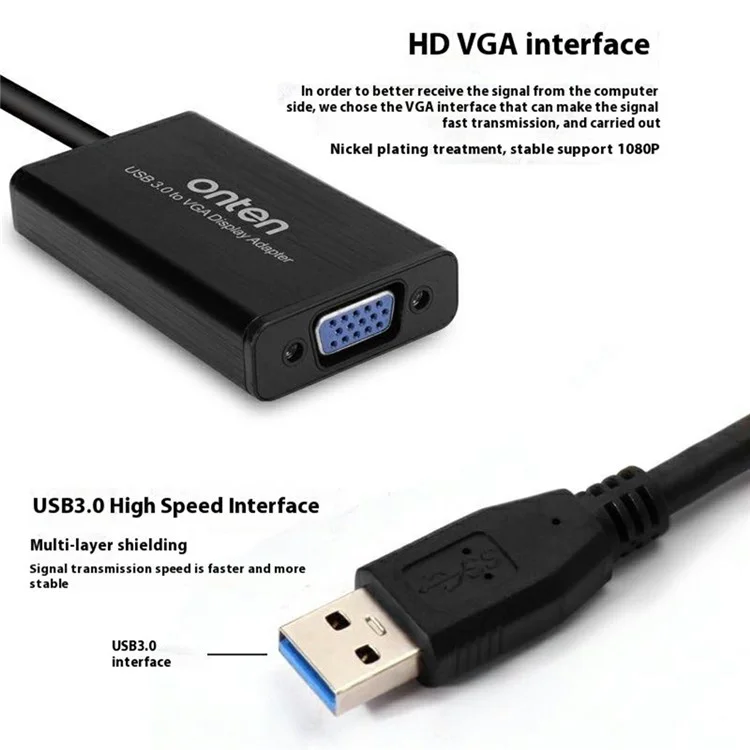 ONTEN OTN-5201 USB 3.0 to VGA Video Converter 1080P PC to Projector Adapter