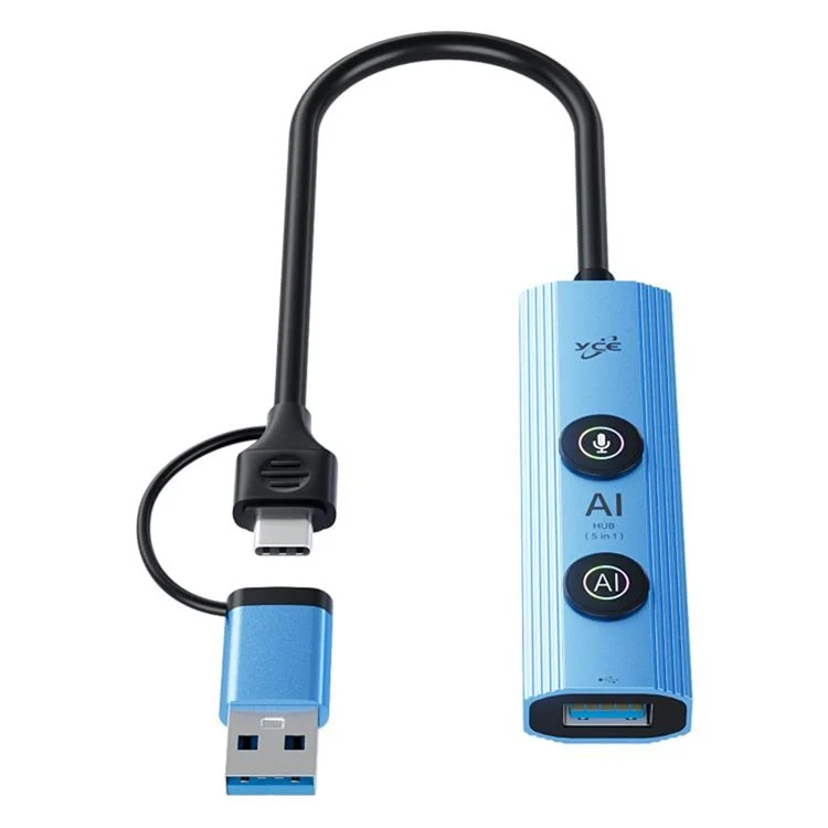 YCE V295B 5 in 1 USB 3.0 / Type-C Dual Head Hub Multifunctional Voice Recognition Smart AI Expansion Dock - Blue